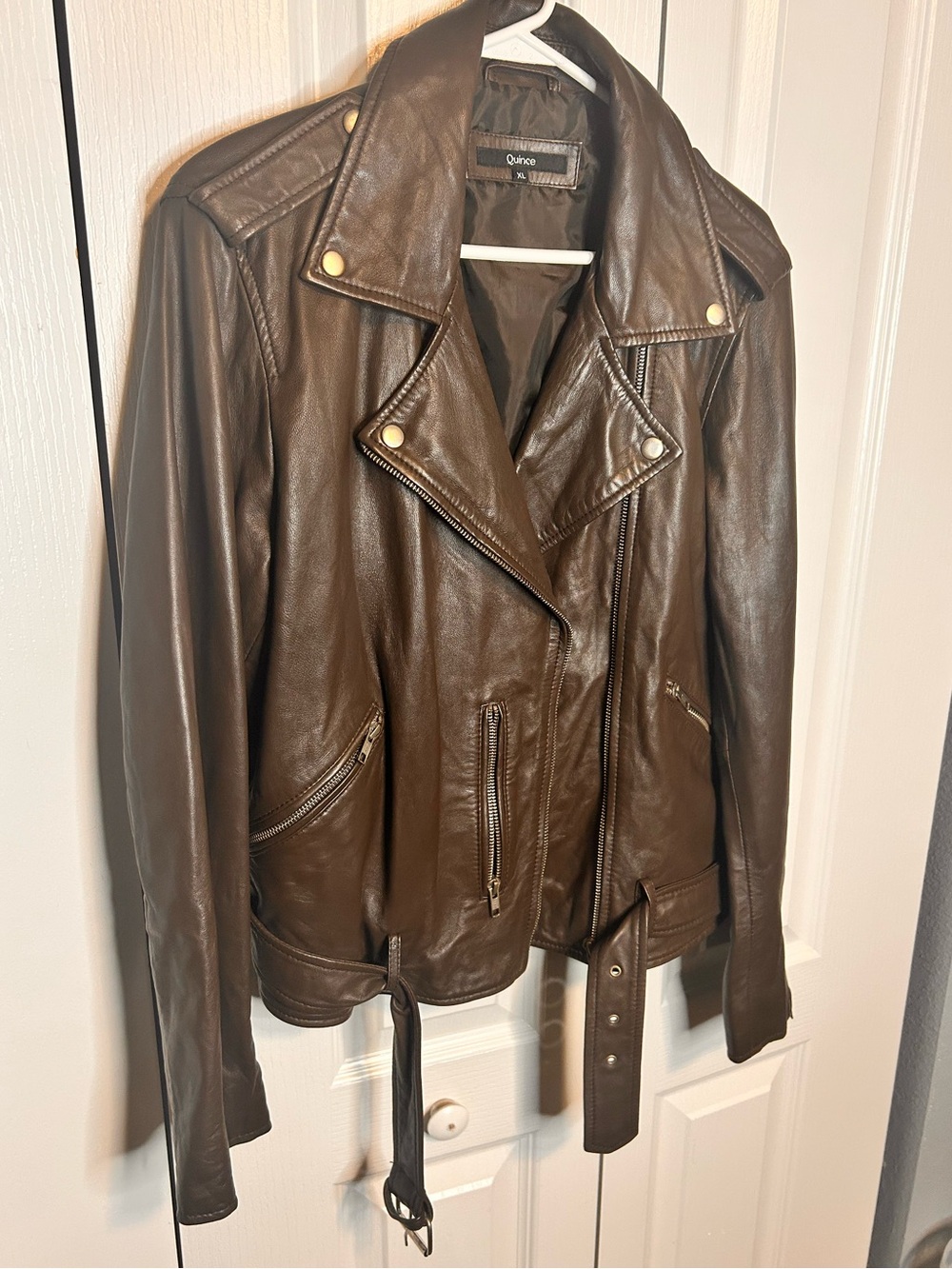 Quince Women’s Size XL Brown 100% Sheep Leather Oversized Biker Jacket Moto - Picture 2 of 9